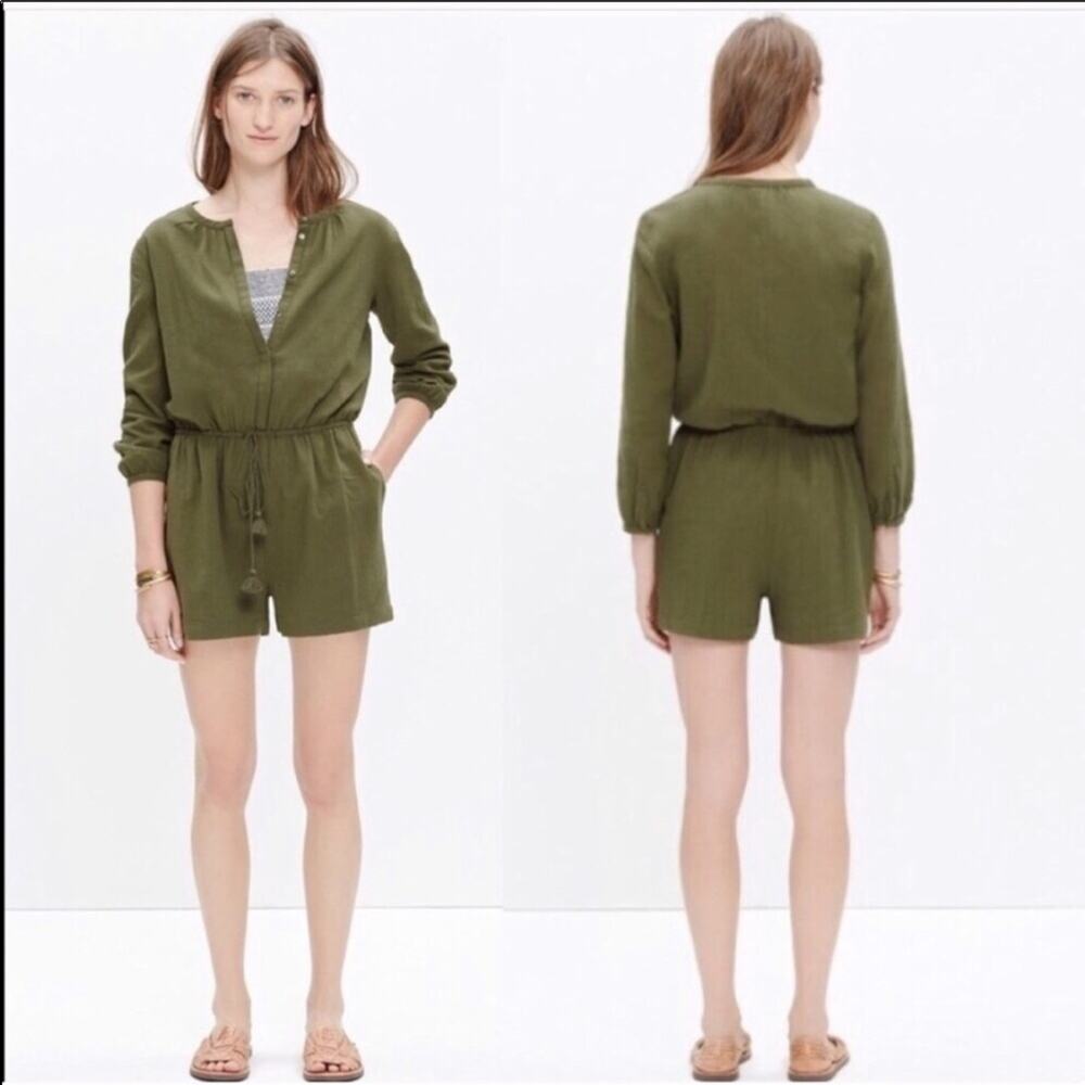 NEW MADEWELL Mallorca Button Front Tie Vneck Army Olive Green Shorts Romper S